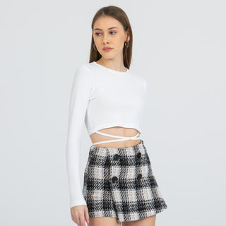 Long Sleeves Lace up Round Neck Crop Top FD