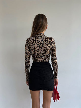 Leopard Print Turtle Neck Full Sleeves Black And Brown Blouse FD