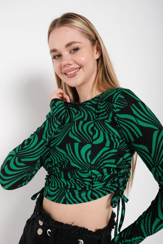 Full Sleeves Lace-Up Green and Black Crop Top Blouse FD