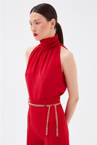 Formal Turtle Neck Sleeveless High Quality Red Blouse FD