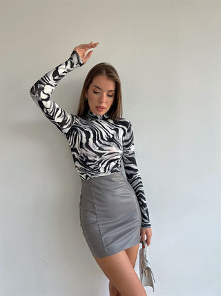 Marble Print Turtle Neck Full Sleeves Black And White Blouse FD