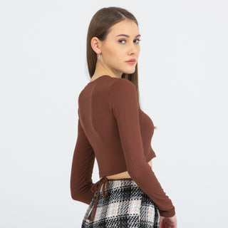 Long Sleeves Lace up Round Neck Crop Top FD