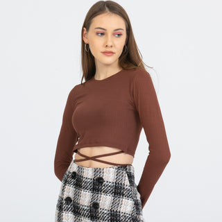 Long Sleeves Lace up Round Neck Crop Top FD