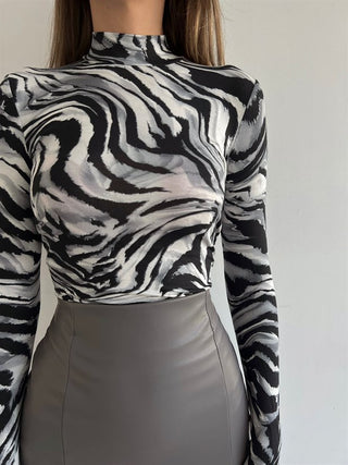 Marble Print Turtle Neck Full Sleeves Black And White Blouse FD