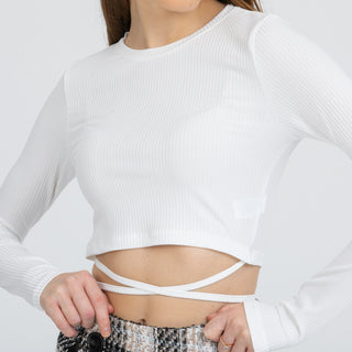 Long Sleeves Lace up Round Neck Crop Top FD