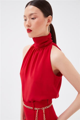 Formal Turtle Neck Sleeveless High Quality Red Blouse FD