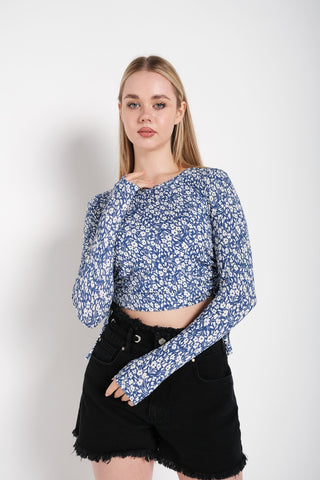 Full Sleeves Lace-Up Flower Print White and Blue Crop Top Blouse FD