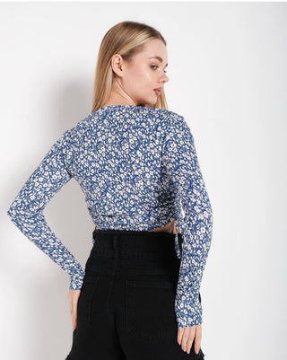 Full Sleeves Lace-Up Flower Print White and Blue Crop Top Blouse FD