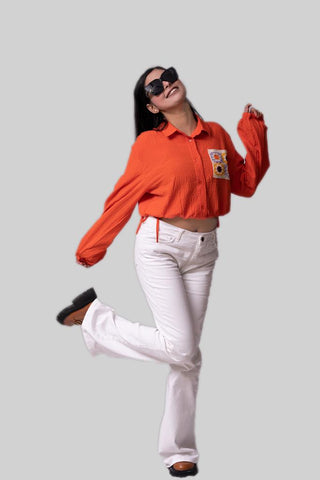 Collar Style Button Up Front Pocket Embroidery and lace up Green ,Orange And White colour Tops FD