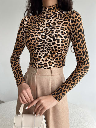 Leopard Print Turtle Neck Full Sleeves Brown And White Blouse FD