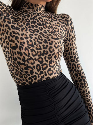 Leopard Print Turtle Neck Full Sleeves Black And Brown Blouse FD