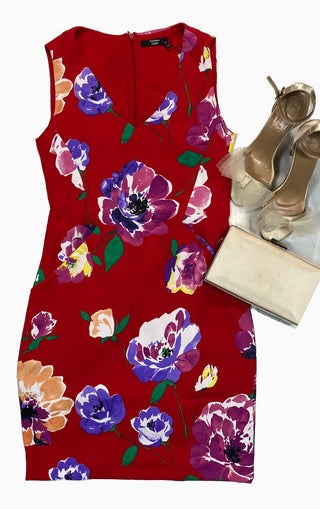 Red Coloured Flowers Sleeveless Dress FD