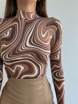 High Stretch Fabric ,Lightweight and Comfortable to Wear Turtleneck Full-sleeve Marble Print Blouse FD